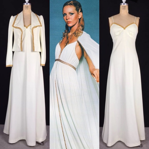 Vintage Dresses & Skirts - 70s Gold Trim Grecian Disco Goddess Dress & Jacket